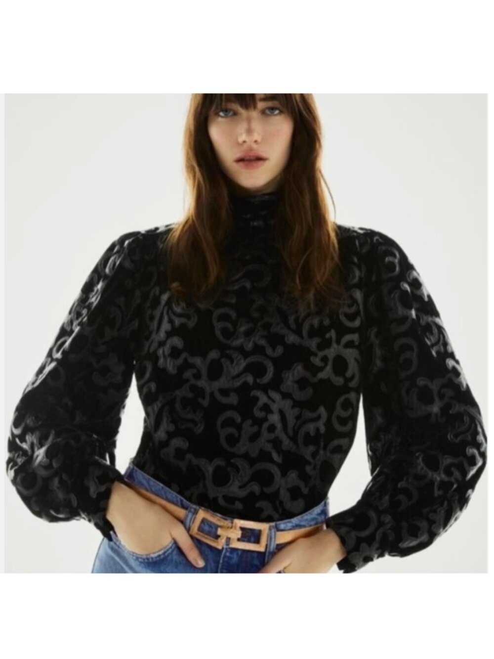 ZARA Black Velvet/Faux Leather High Neck Puff Sleeve Top Blouse sz XL